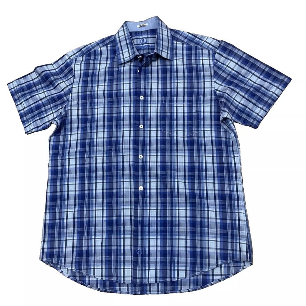 Bugatchi Uomo Button Shirt Men L Shaped Fit Classic Blue Plaid Cotton Button Up